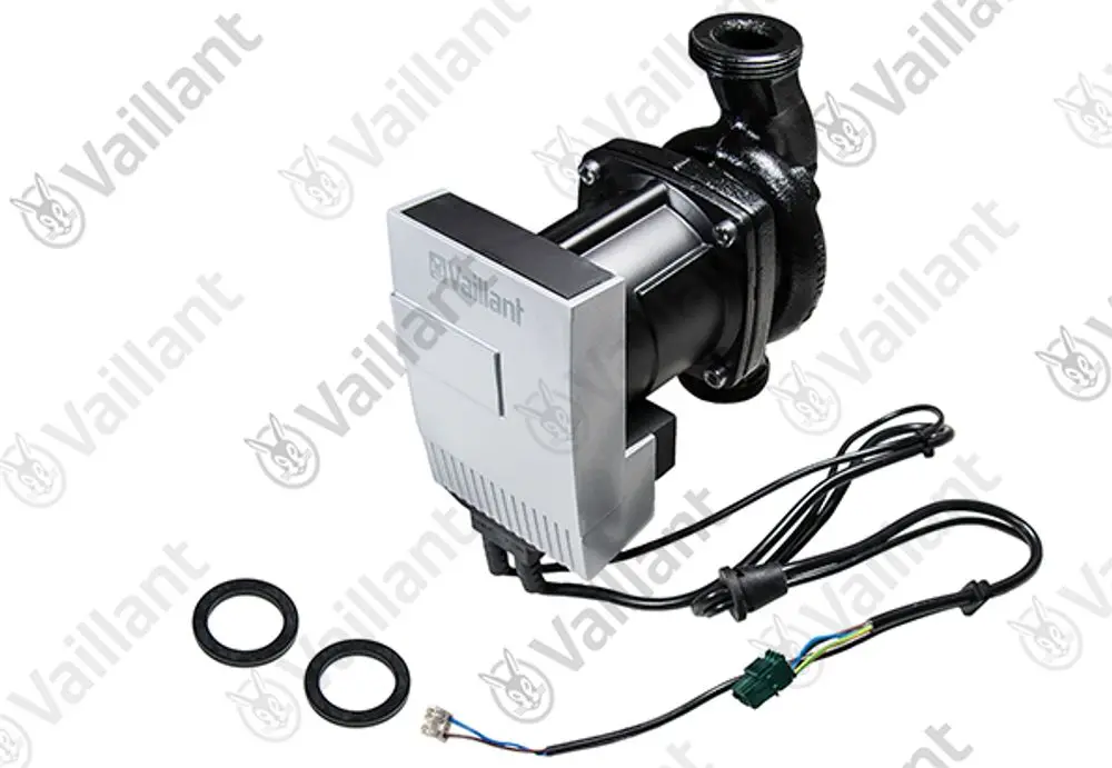 Vaillant Pumpe mit schwarzem Gehäuse und elektrischen Anschlussleitungen, zwei Dichtungen im Lieferumfang.
